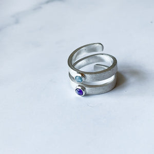 Anillo espiral amatista y aguamarina